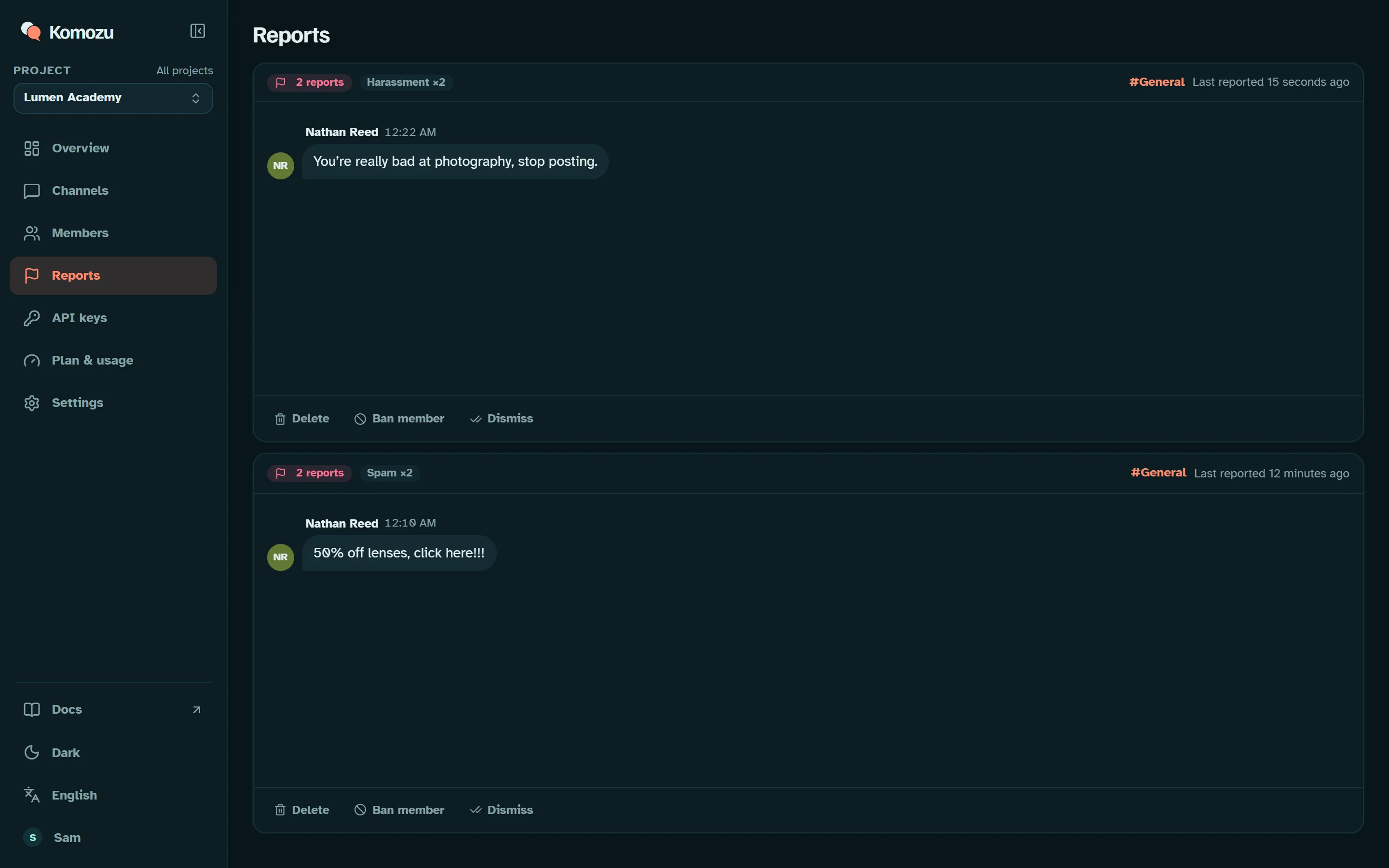 Komozu dashboard reports page with a message reported twice as spam